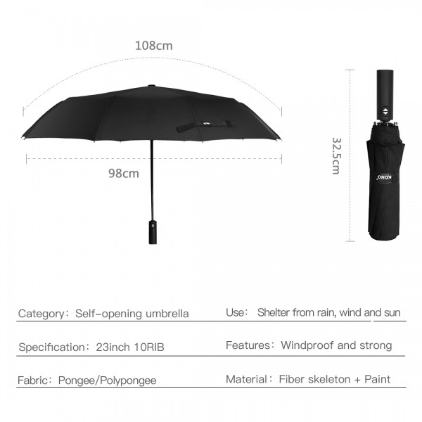 Kono Automatisch winddichter Regenschirm - Schwarz